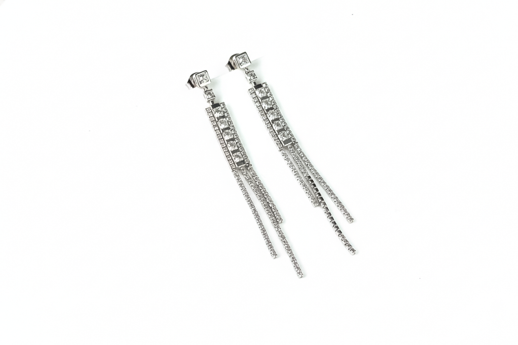 Silver CZ Long Tassel Drop Earrings | Sterling Silver