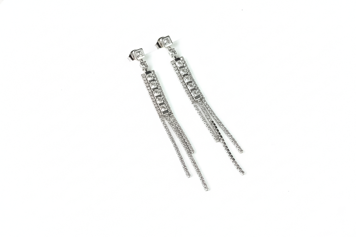 Silver CZ Long Tassel Drop Earrings | Sterling Silver