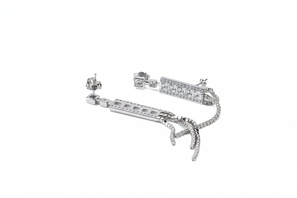 Silver CZ Long Tassel Drop Earrings | Sterling Silver
