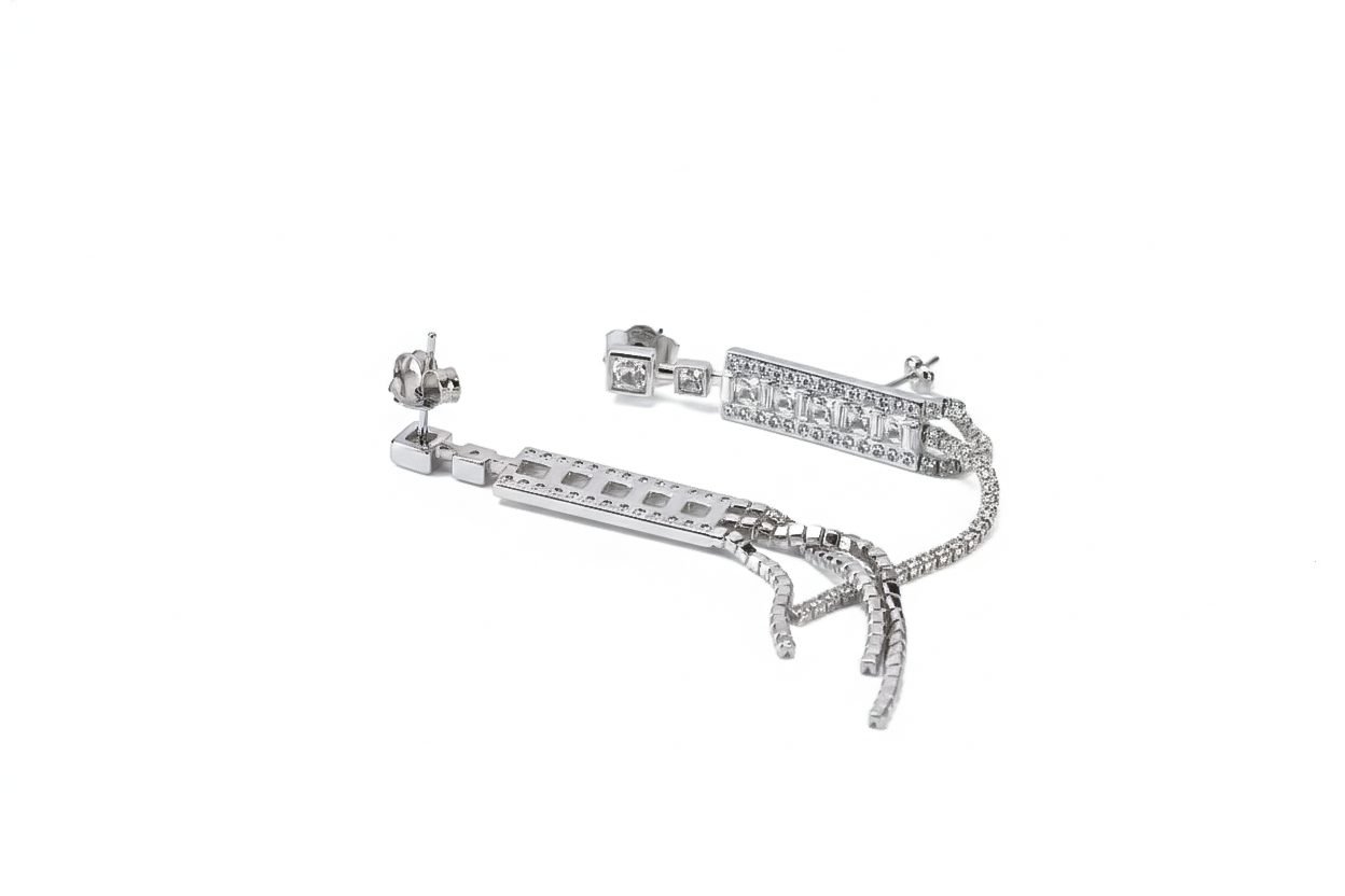 Silver CZ Long Tassel Drop Earrings | Sterling Silver