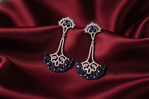 Blue CZ Chandbali Earrings | Rhodium Plated American Diamond