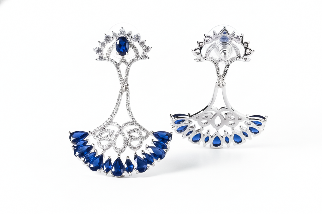 Blue CZ Chandbali Earrings | Rhodium Plated American Diamond