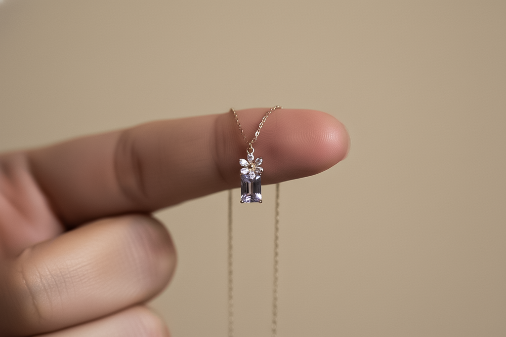 Minimal Gold Finish Silver Pendant Necklace with Purple Stone | 925 Silver