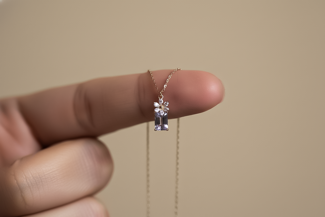 Minimal Gold Finish Silver Pendant Necklace with Purple Stone | 925 Silver