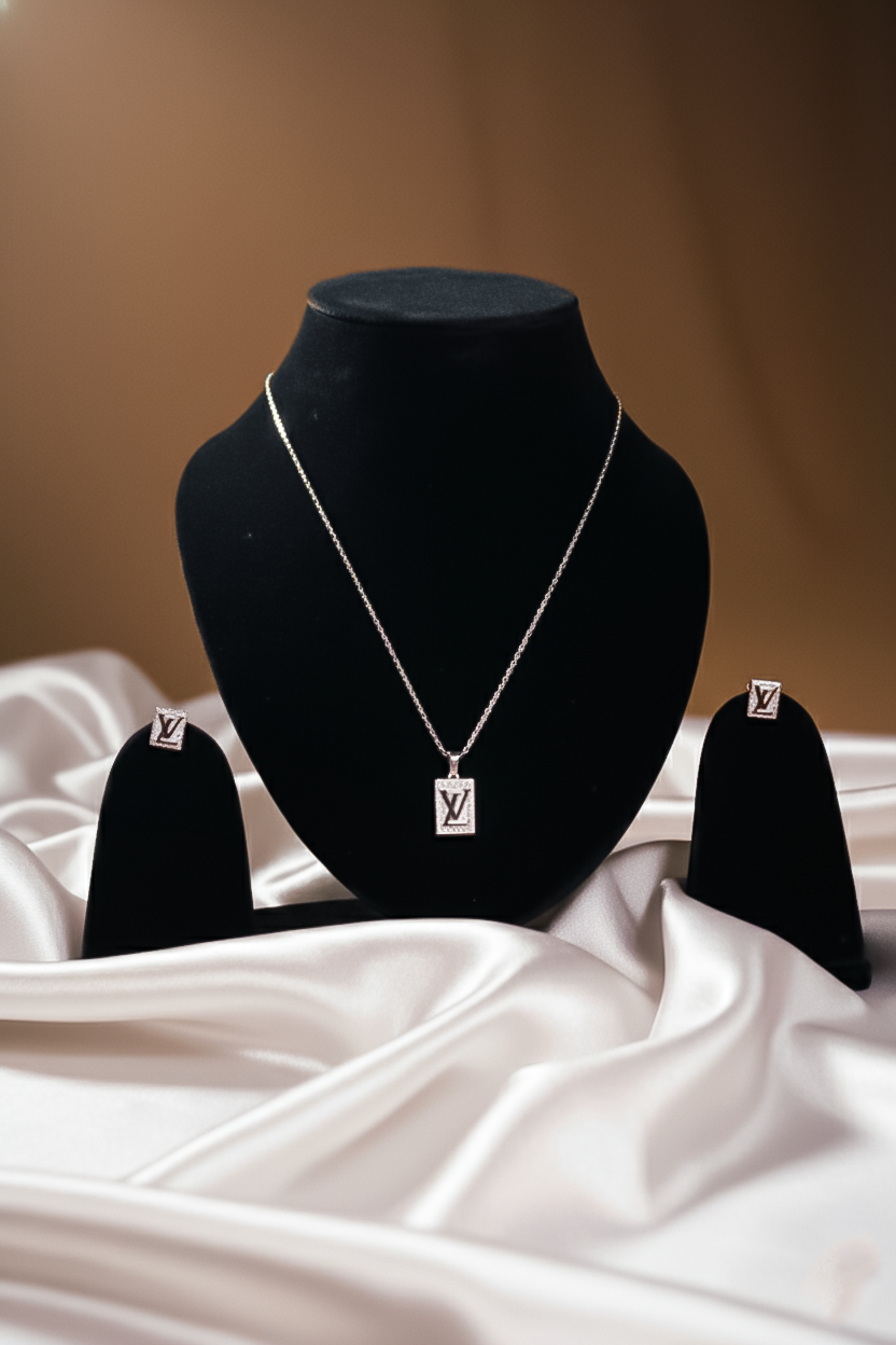 Rectangle Rose Gold Silver Pendant Necklace Set | 925 Sterling Silver