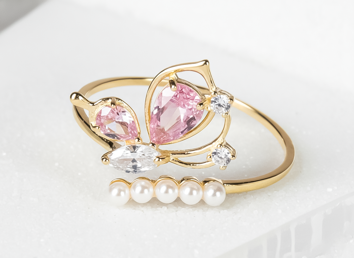 Gold Butterfly CZ & Pearl Ring (Adjustable) | 925 Sterling Silver