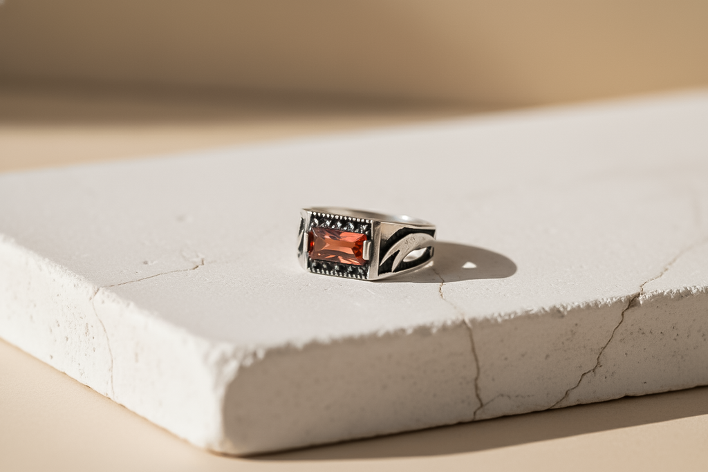 Emerald-Cut Mozambique Garnet Ring for Men | 925 Sterling Silver