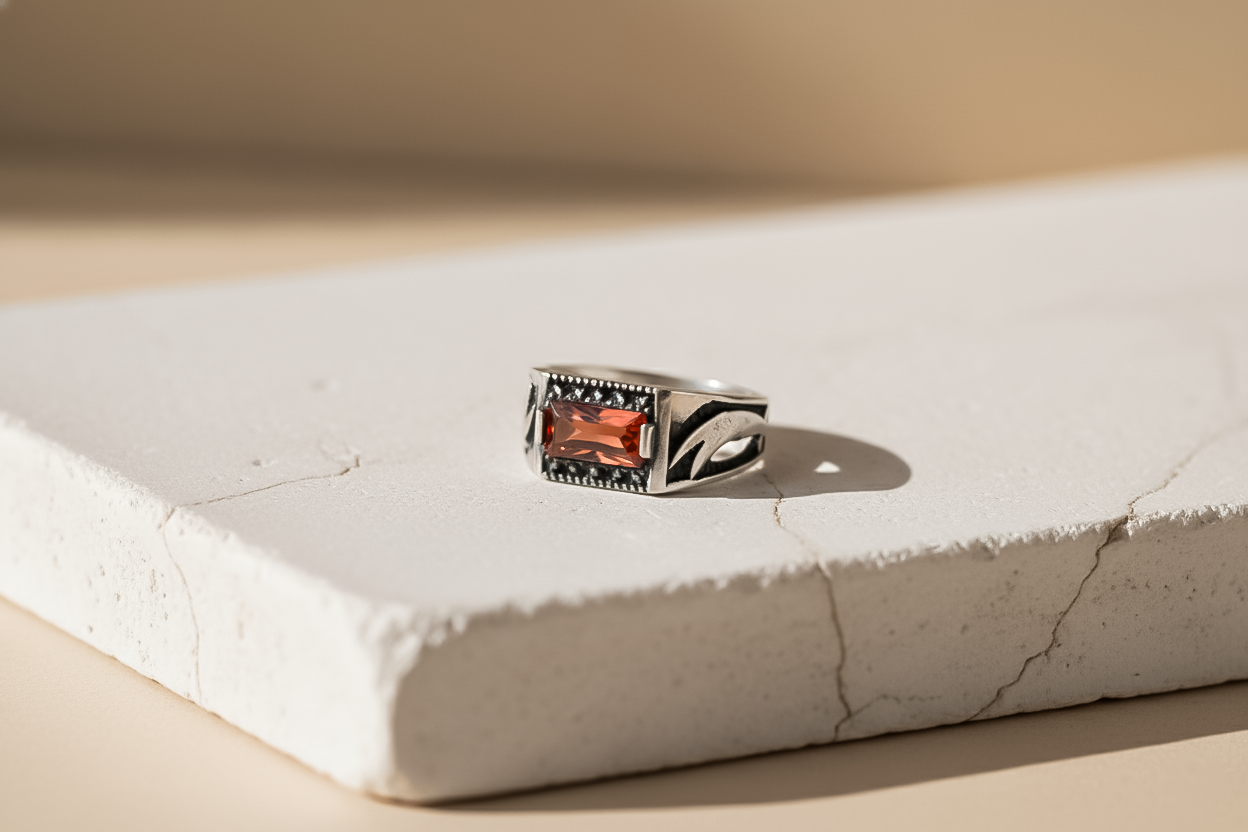 Emerald-Cut Mozambique Garnet Ring for Men | 925 Sterling Silver