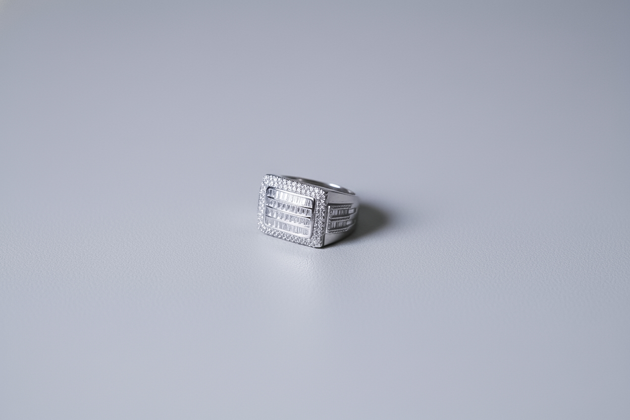 High Quality Zircon Platinum Maharaja Ring |Pavé Rectangle Silver Ring for Men | 925 Sterling Silver (Size 22)