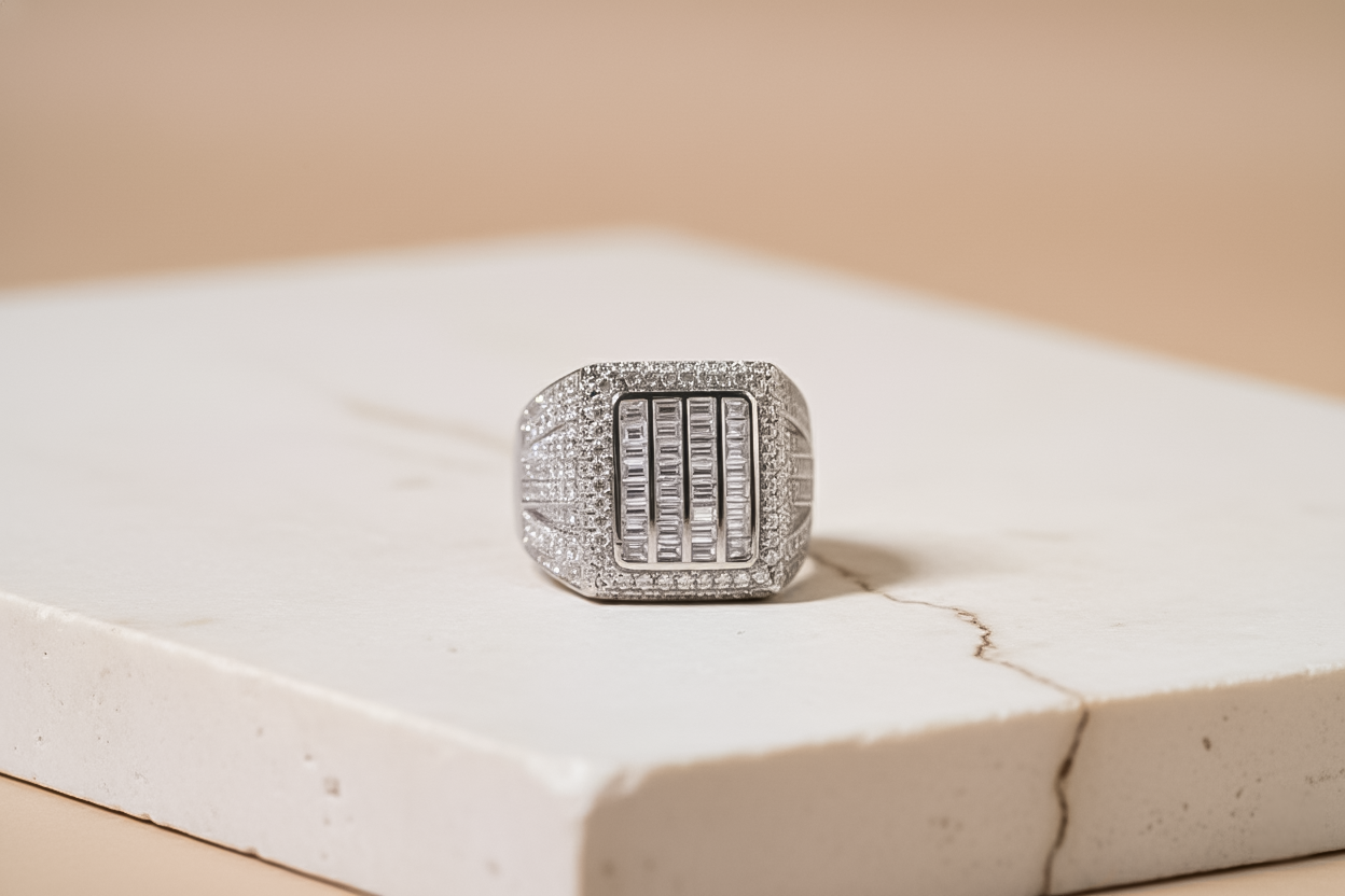 High Quality Zircon Platinum Maharaja Ring |Pavé Rectangle Silver Ring for Men | 925 Sterling Silver (Size 22)