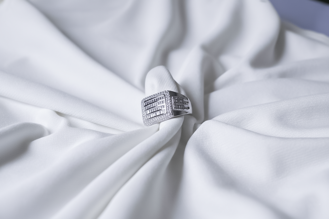 High Quality Zircon Platinum Maharaja Ring |Pavé Rectangle Silver Ring for Men | 925 Sterling Silver (Size 22)