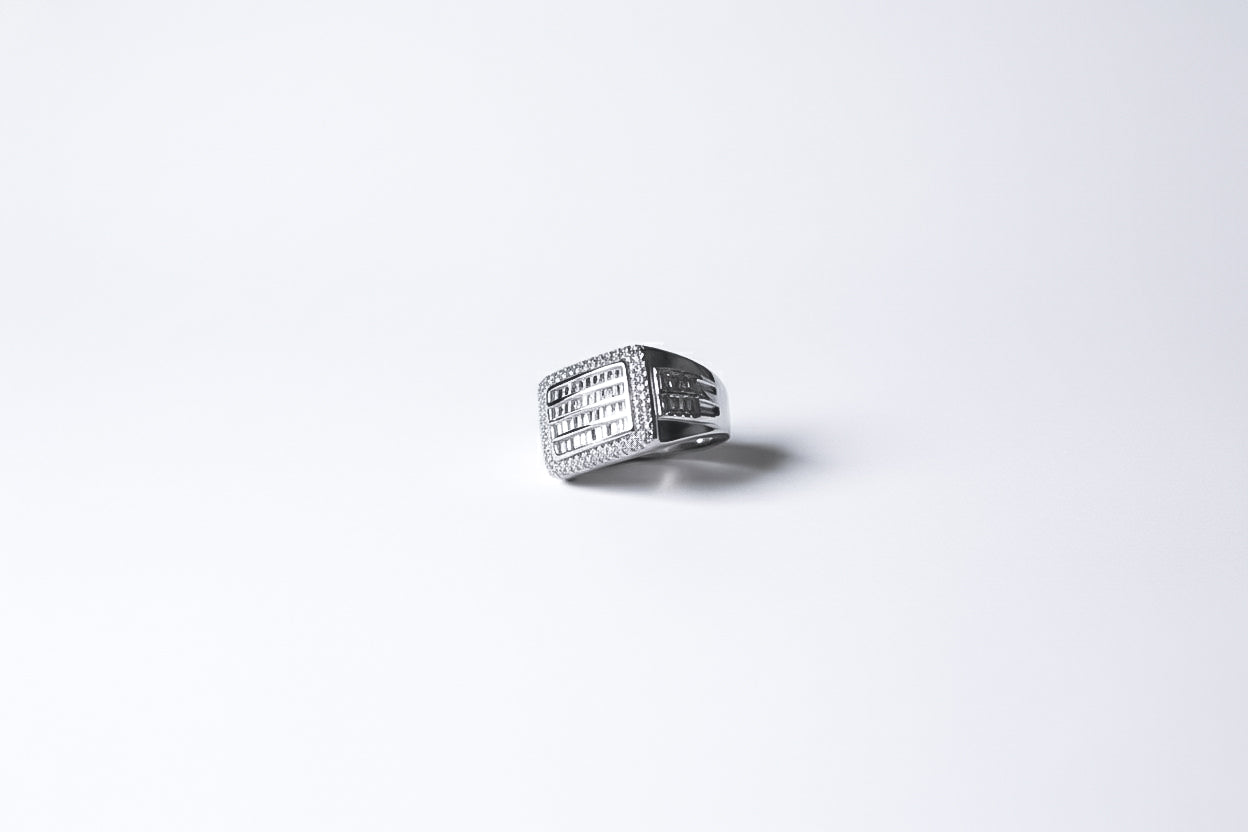 High Quality Zircon Platinum Maharaja Ring |Pavé Rectangle Silver Ring for Men | 925 Sterling Silver (Size 22)