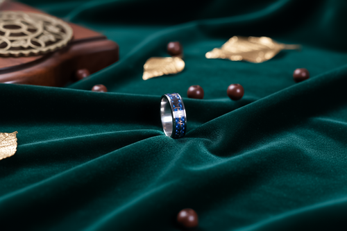 Blue/White Carban Fiber heart beat line Ring 925 sterling silver