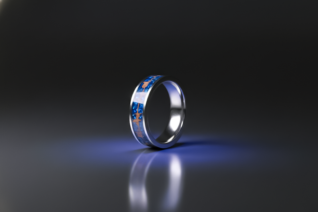 Blue/White Carban Fiber heart beat line Ring 925 sterling silver