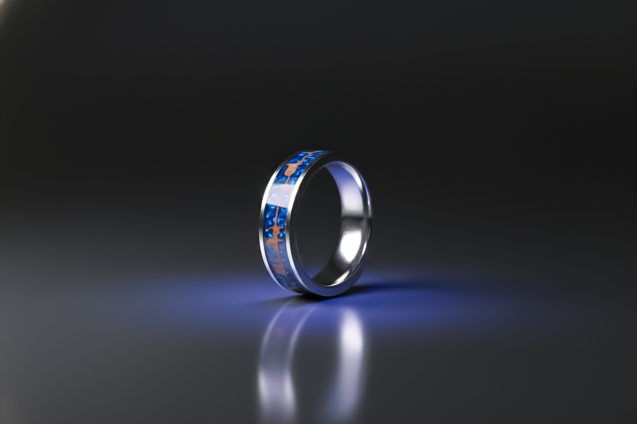 Blue/White Carban Fiber heart beat line Ring 925 sterling silver