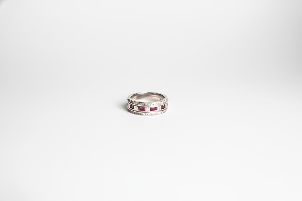 Ruby Line Silver Band Ring | 925 Sterling Silver with Red Stones