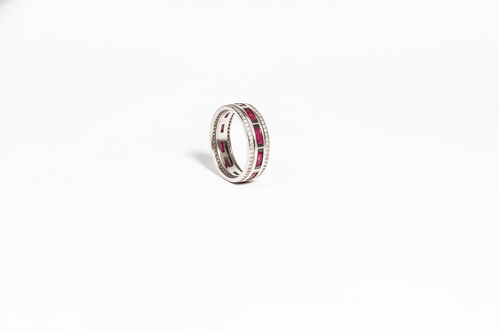 Ruby Line Silver Band Ring | 925 Sterling Silver with Red Stones