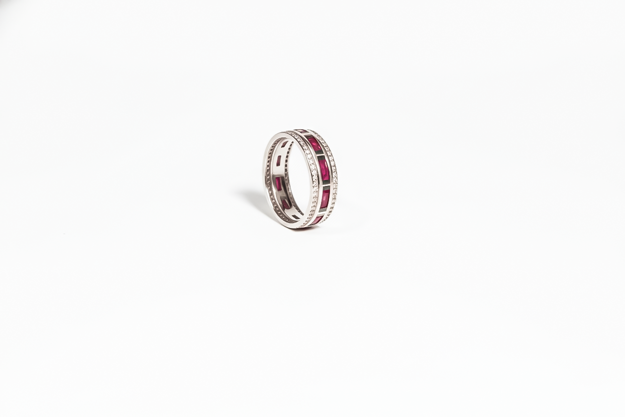 Ruby Line Silver Band Ring | 925 Sterling Silver with Red Stones