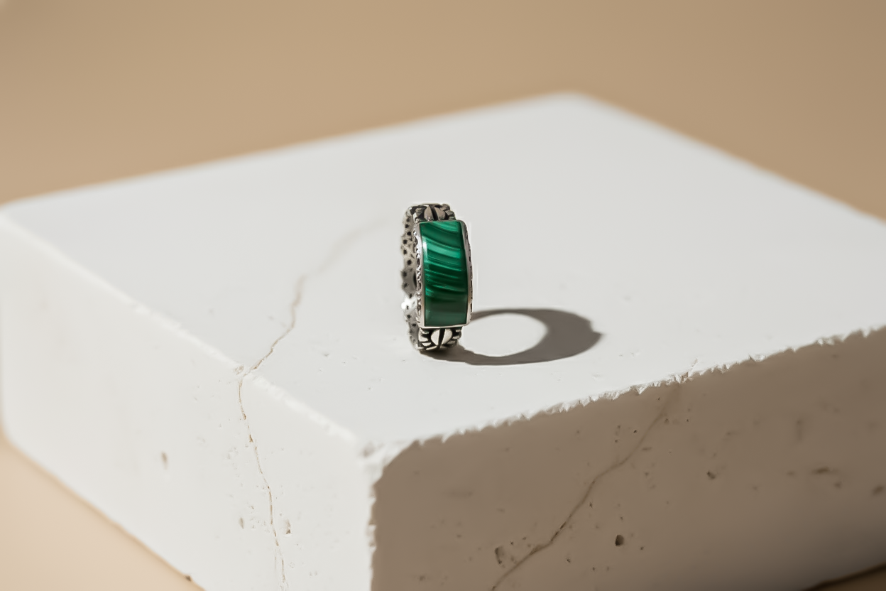 Rectangular malachite gemstone inlay Green Stone Oxidised Silver Ring for Men | 925 Sterling Silver