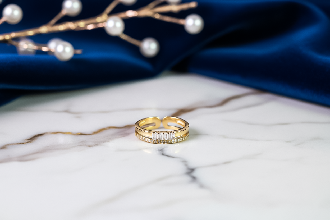 Gold Plated Double Band CZ Ring (Adjustable) | 925 Sterling Silver