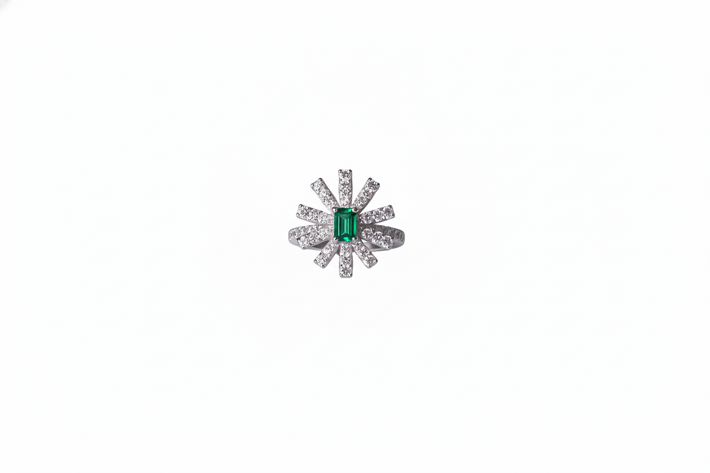 Emerald Sunburst Diamond Ring | 925 Sterling Silver