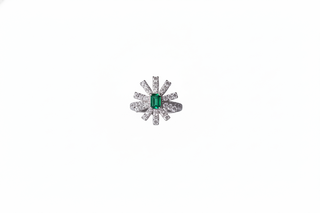 Emerald Sunburst Diamond Ring | 925 Sterling Silver