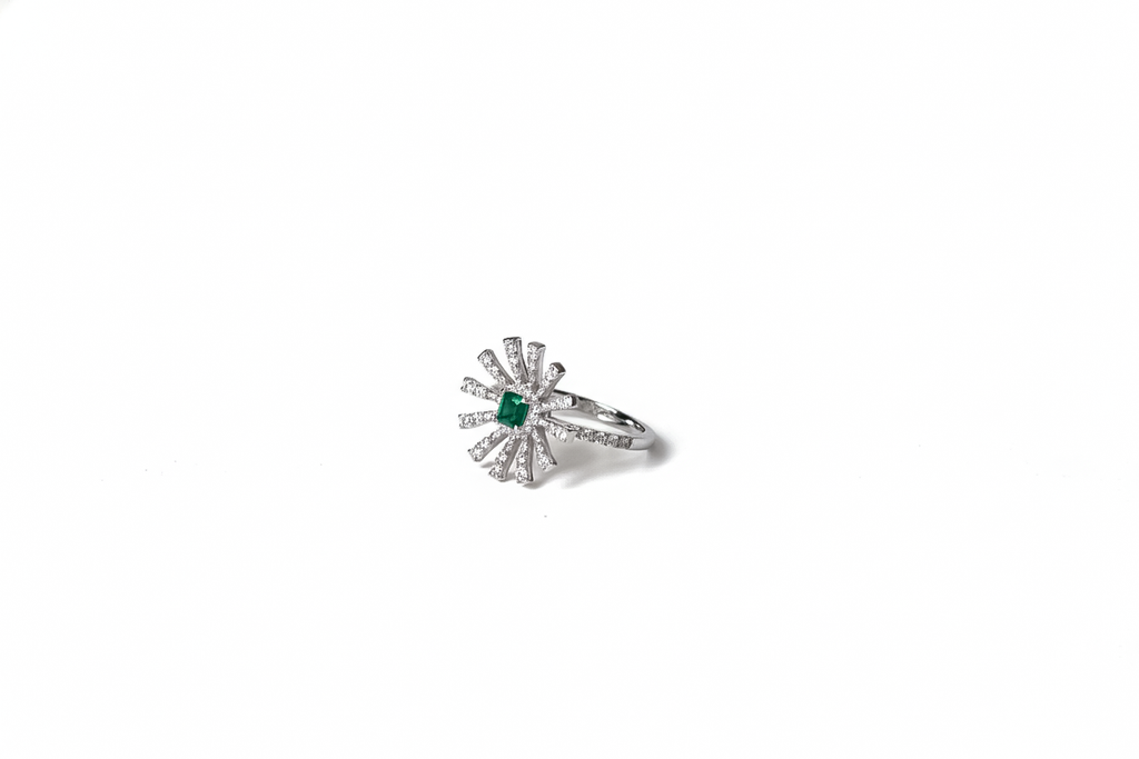 Emerald Sunburst Diamond Ring | 925 Sterling Silver