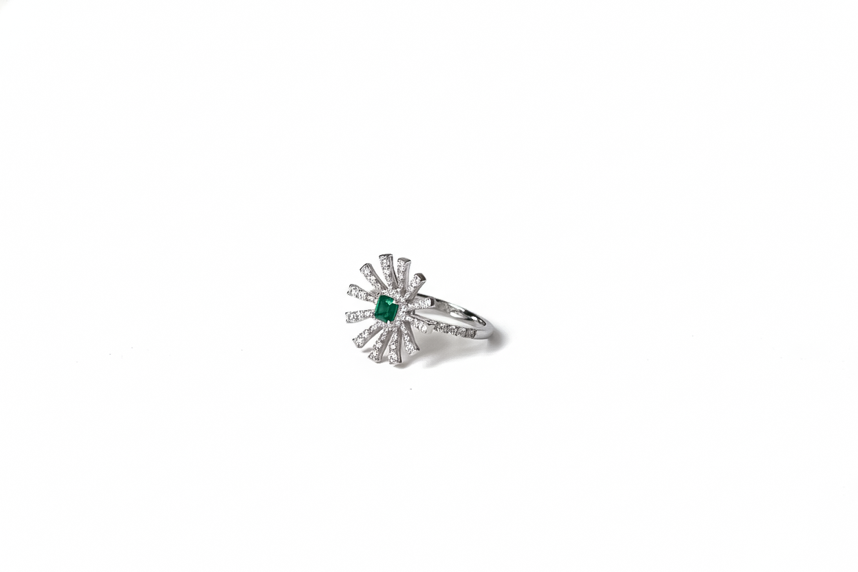 Emerald Sunburst Diamond Ring | 925 Sterling Silver