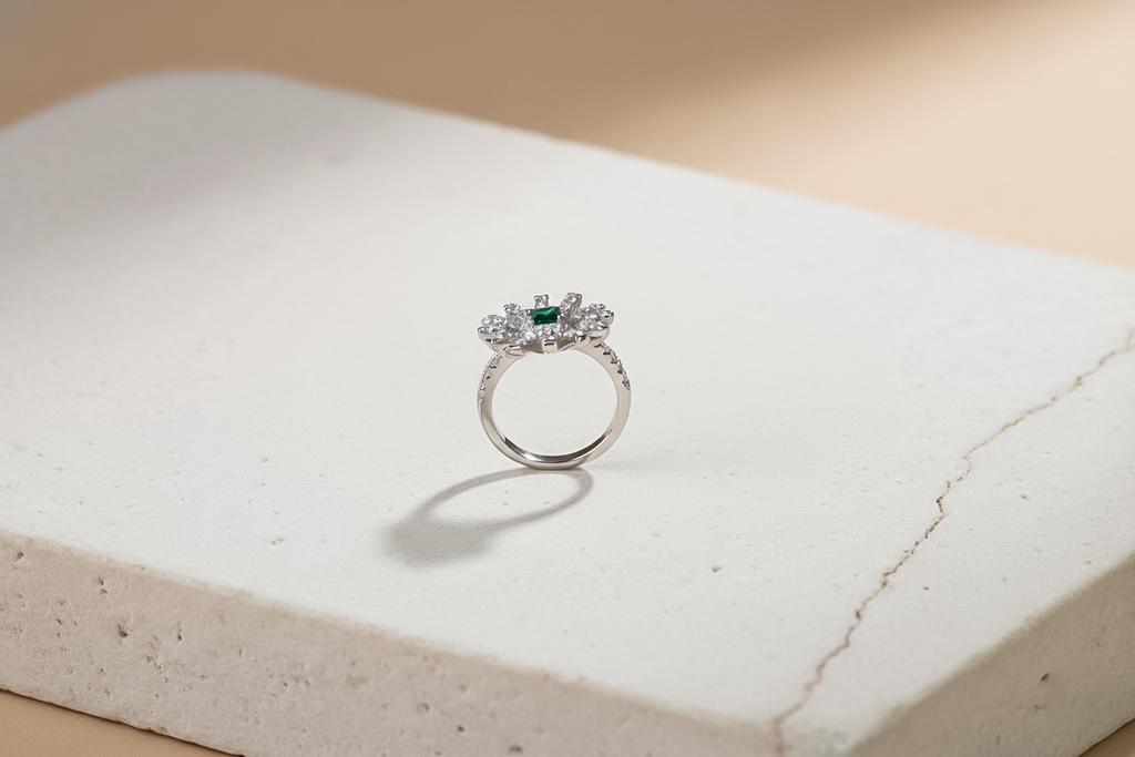 Emerald Sunburst Diamond Ring | 925 Sterling Silver