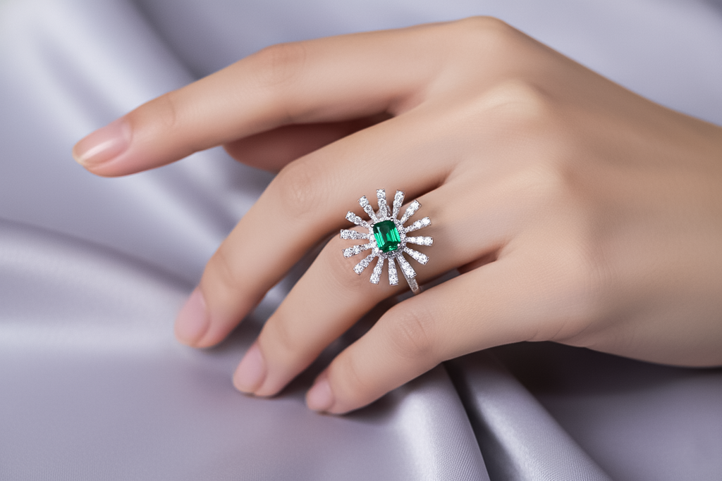 Emerald Sunburst Diamond Ring | 925 Sterling Silver