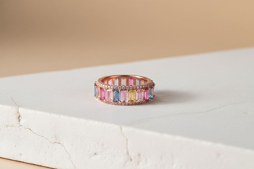 Rose Gold Rainbow Sapphire Eternity Ring | 925 Sterling Silver