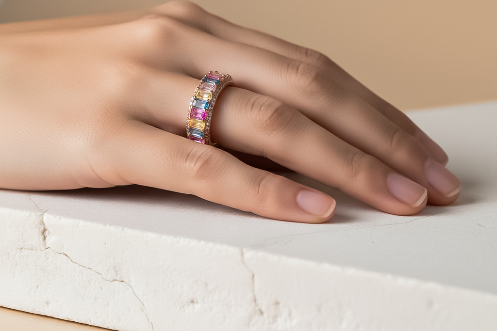 Rose Gold Rainbow Sapphire Eternity Ring | 925 Sterling Silver