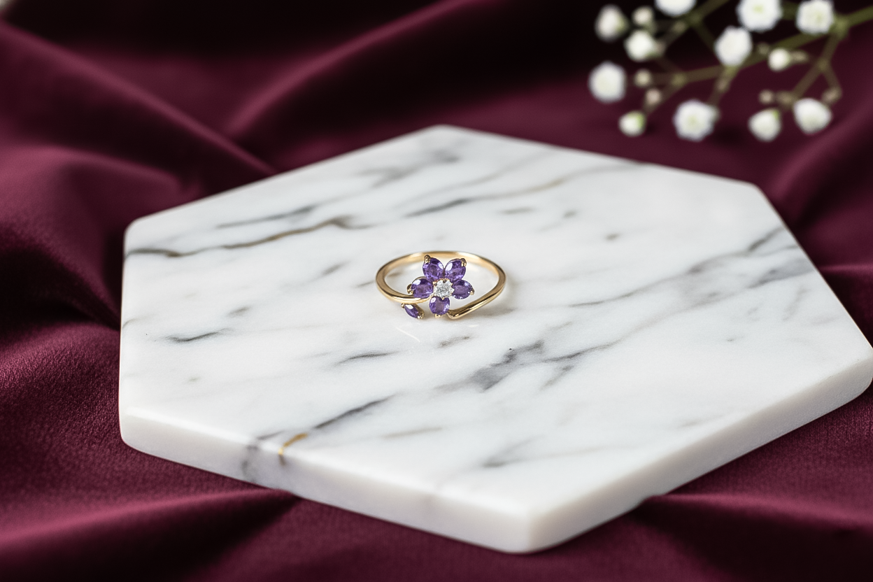 Floral Amethyst Silver Ring (Adjustable) | 925 Sterling Silver