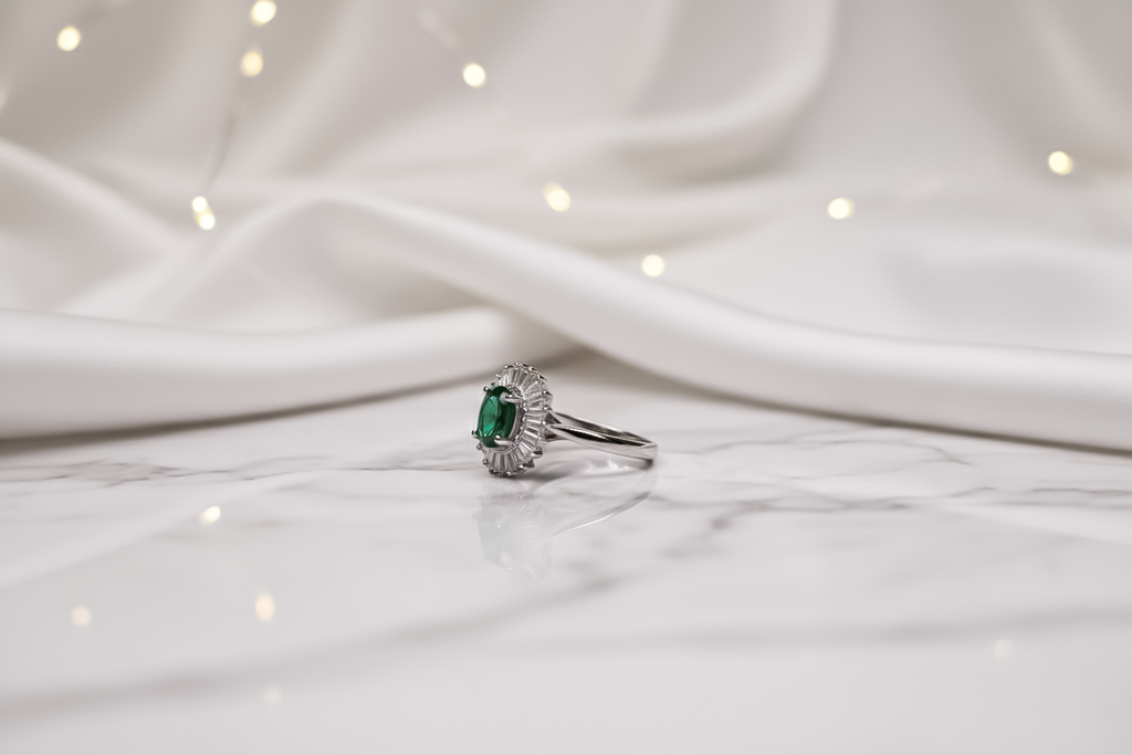 Oval Green Stone Silver Ring with Halo Setting | 925 Sterling Silver
