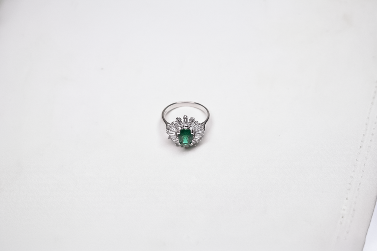 Oval Green Stone Silver Ring with Halo Setting | 925 Sterling Silver