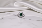 Oval Green Stone Silver Ring with Halo Setting | 925 Sterling Silver