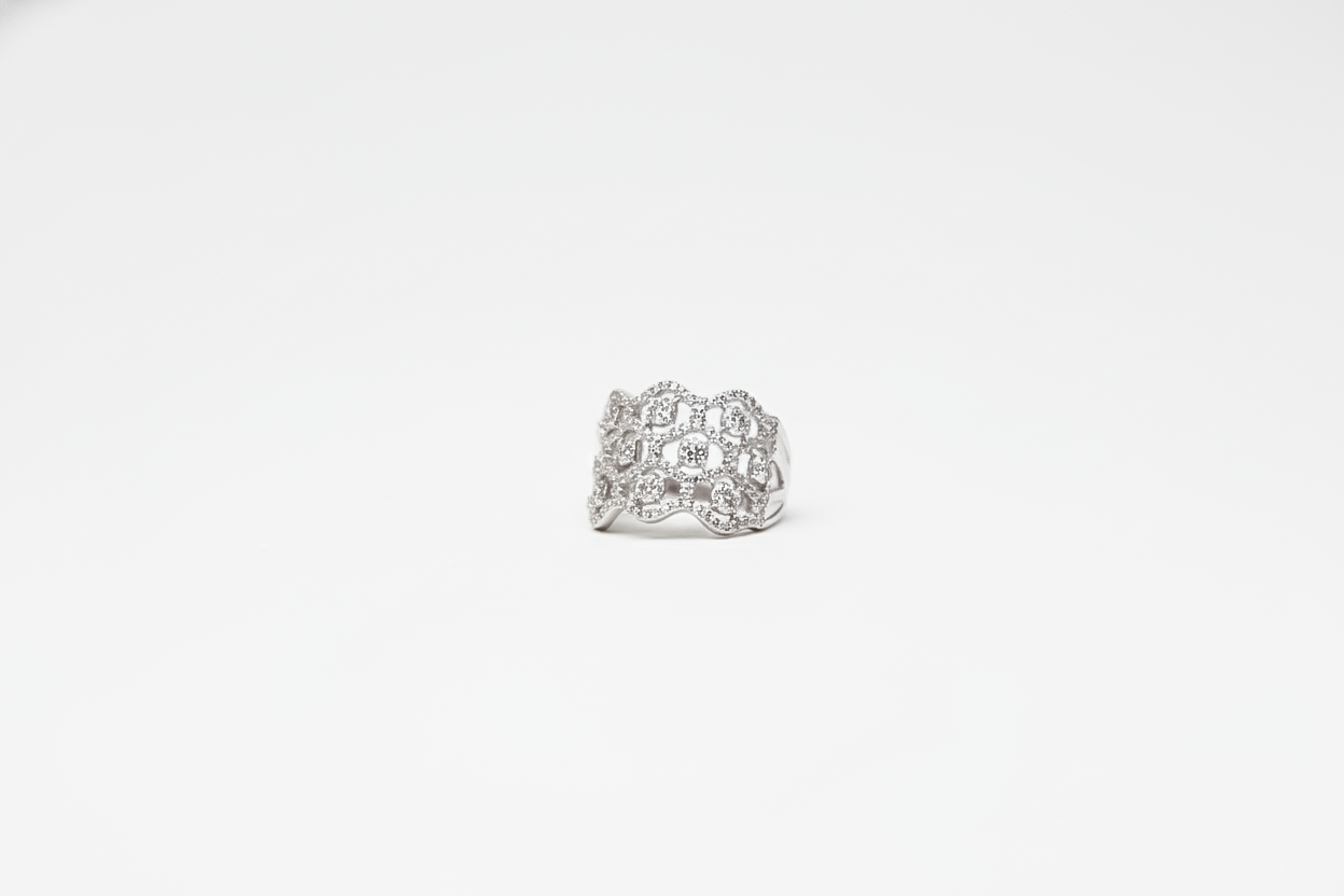 Silver Finish Statement Ring with Pavé-Style Detailing